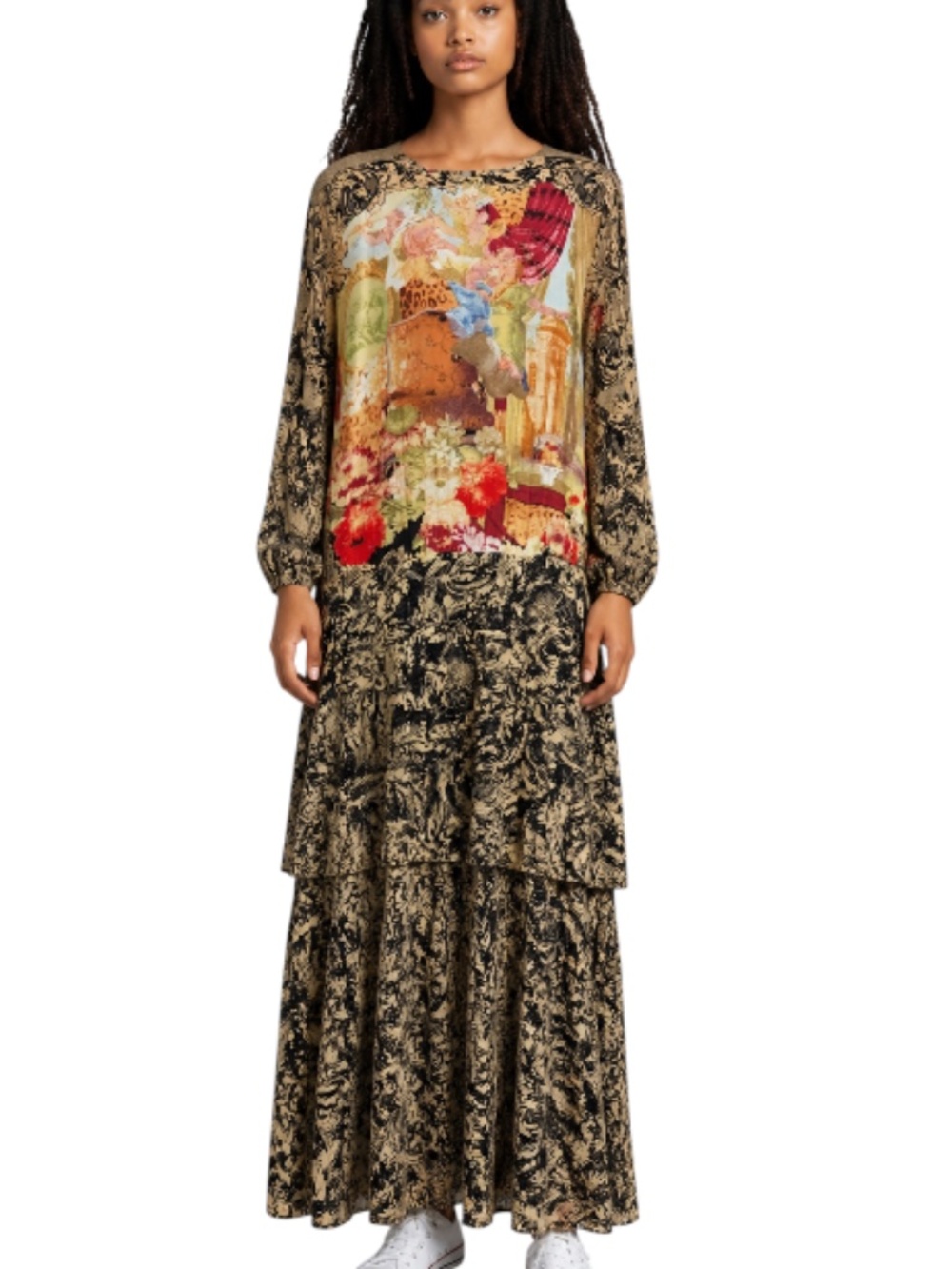 Vintage 1980s Carole Little Baroque Cherub Print Slouchy Wrap Maxi Dress